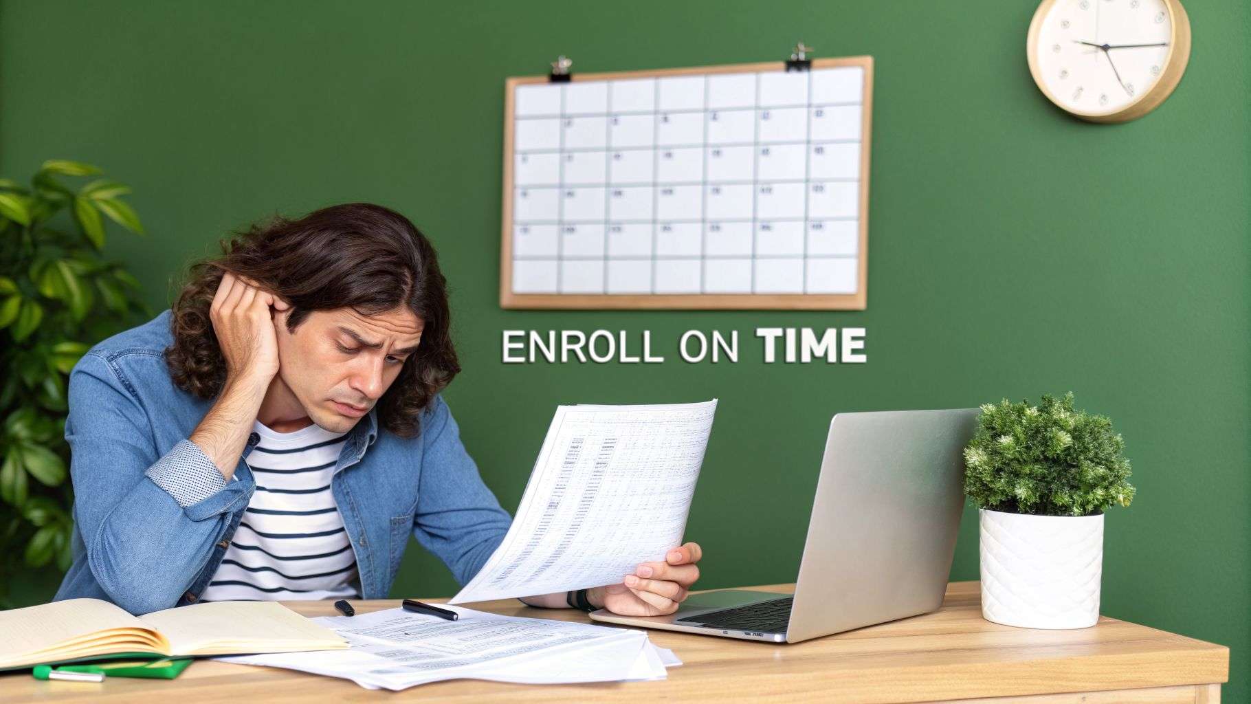 A man looking stressed while reviewing enrollment papers at a desk with a laptop and calendar.