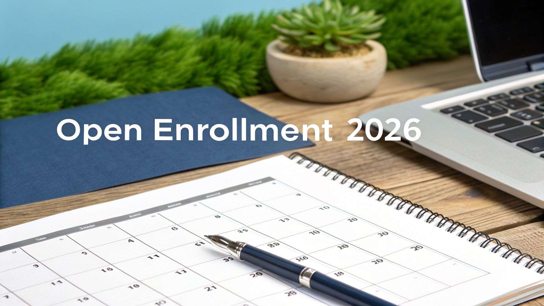 A desk with a calendar, pen, laptop, and plant, featuring 'Open Enrollment 2026' text.