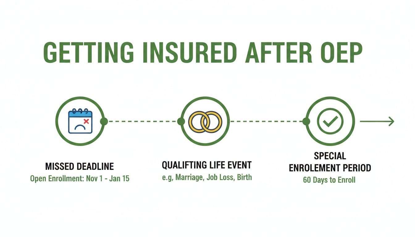 Timeline showing steps to get health insurance after missing Open Enrollment with a qualifying life event.
