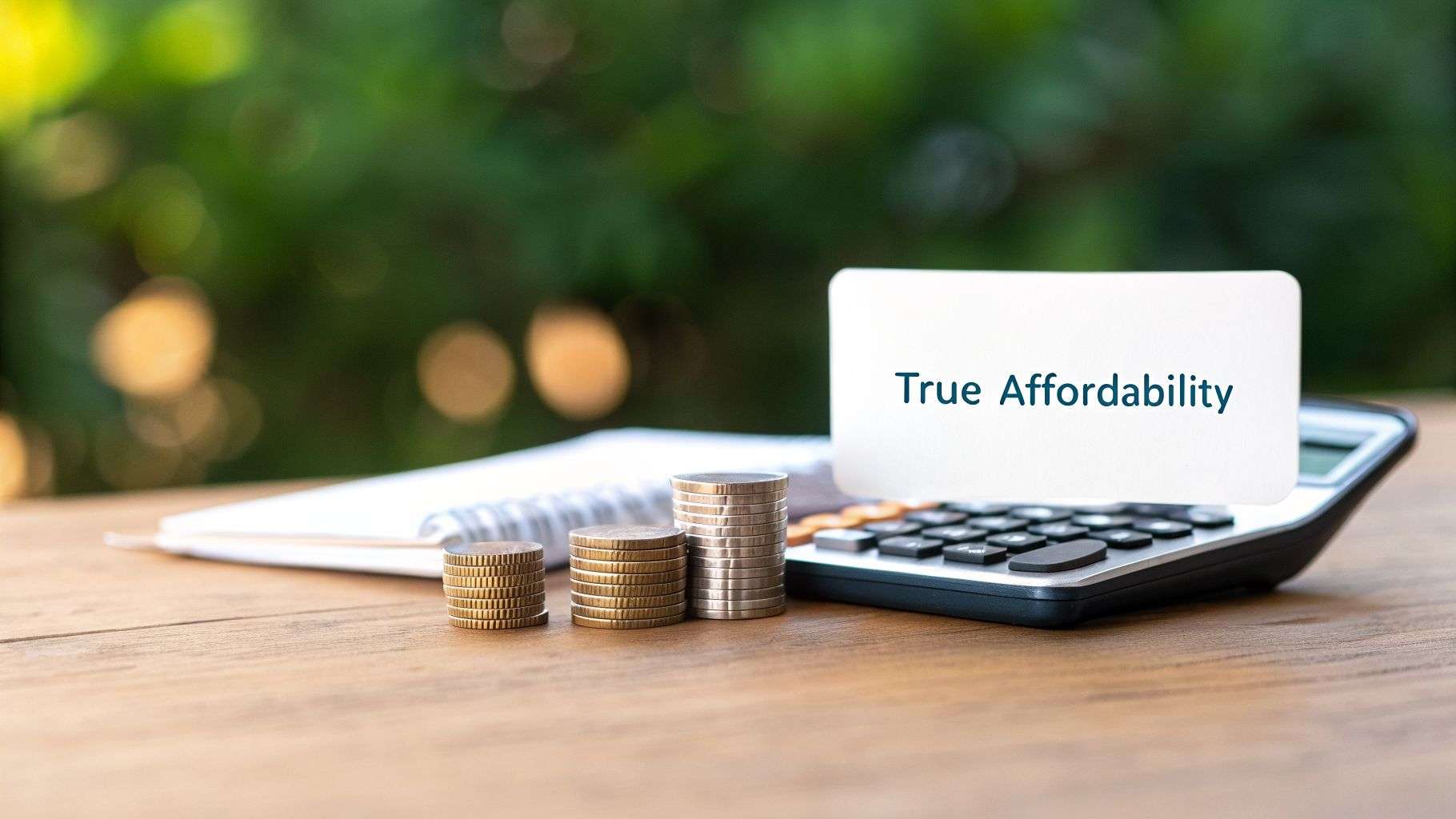 Stacks of coins, a calculator, and a card displaying 'True Affordability' on a wooden desk.