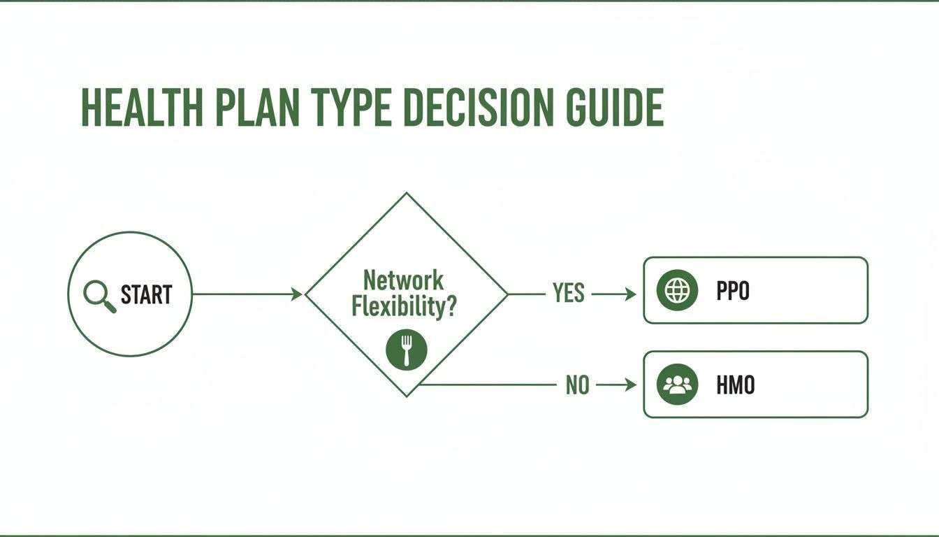 Decision guide flowchart for selecting health plans, PPO or HMO, based on network flexibility.