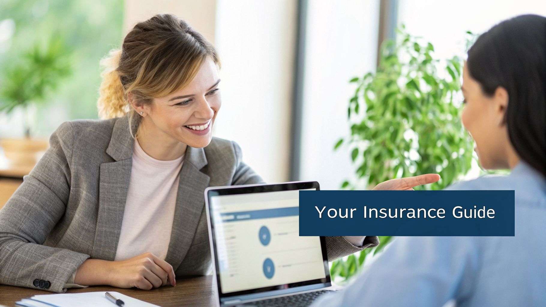 Two smiling businesswomen discussing health insurance details on a laptop during a client consultation.