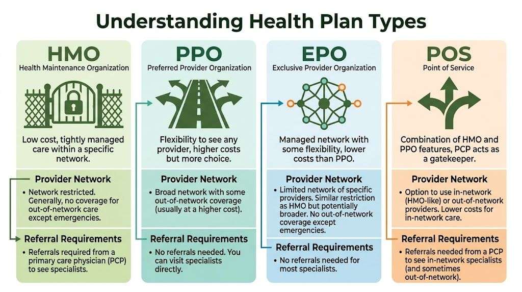 A comparison chart explaining the differences between HMO, PPO, EPO, and POS health insurance plan types.