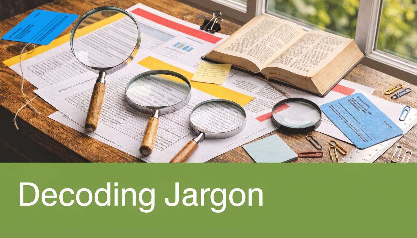 A wooden desk covered in scattered documents, magnifying glasses, pens, and an open book.