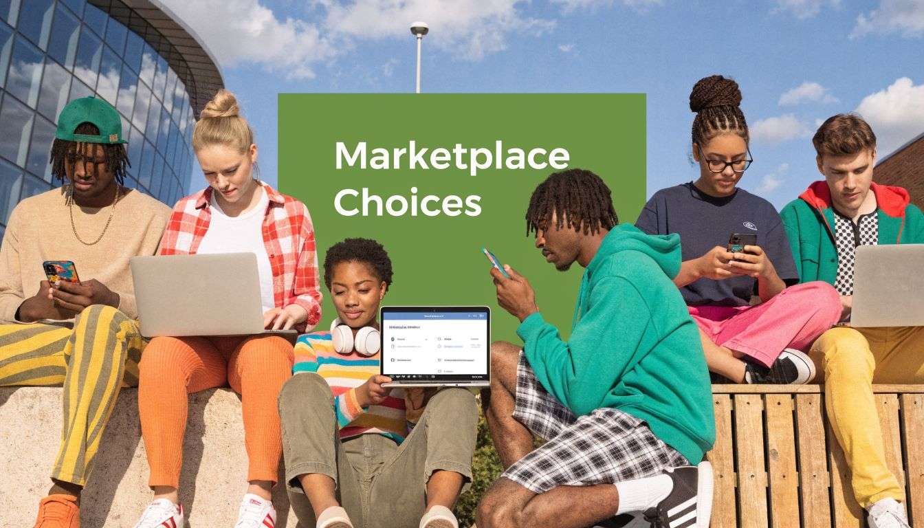 A diverse group of university students sitting outdoors, using laptops and smartphones to research marketplace options.