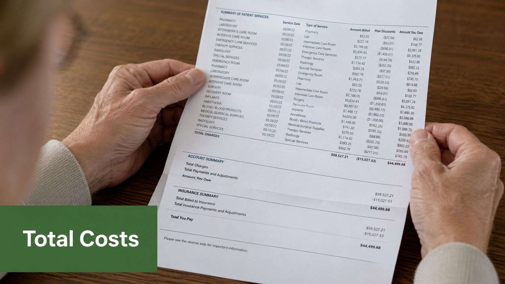 A close-up view of hands holding a printed hospital bill detailing high medical service costs and insurance deductions.