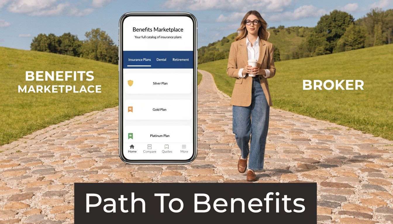 A woman walking on a stone path next to a digital mobile app showcasing insurance benefits marketplace.