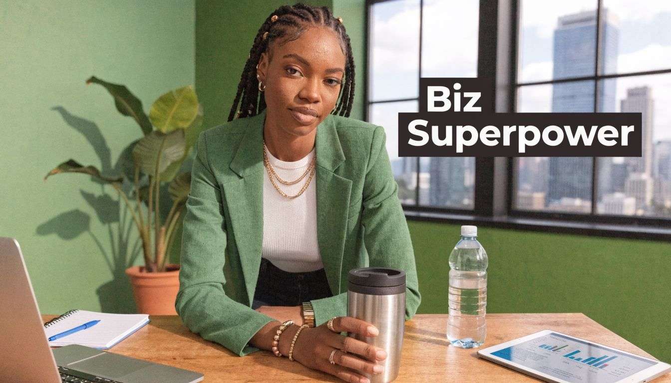 A professional woman sitting at a desk in an office environment holding a stainless steel mug.