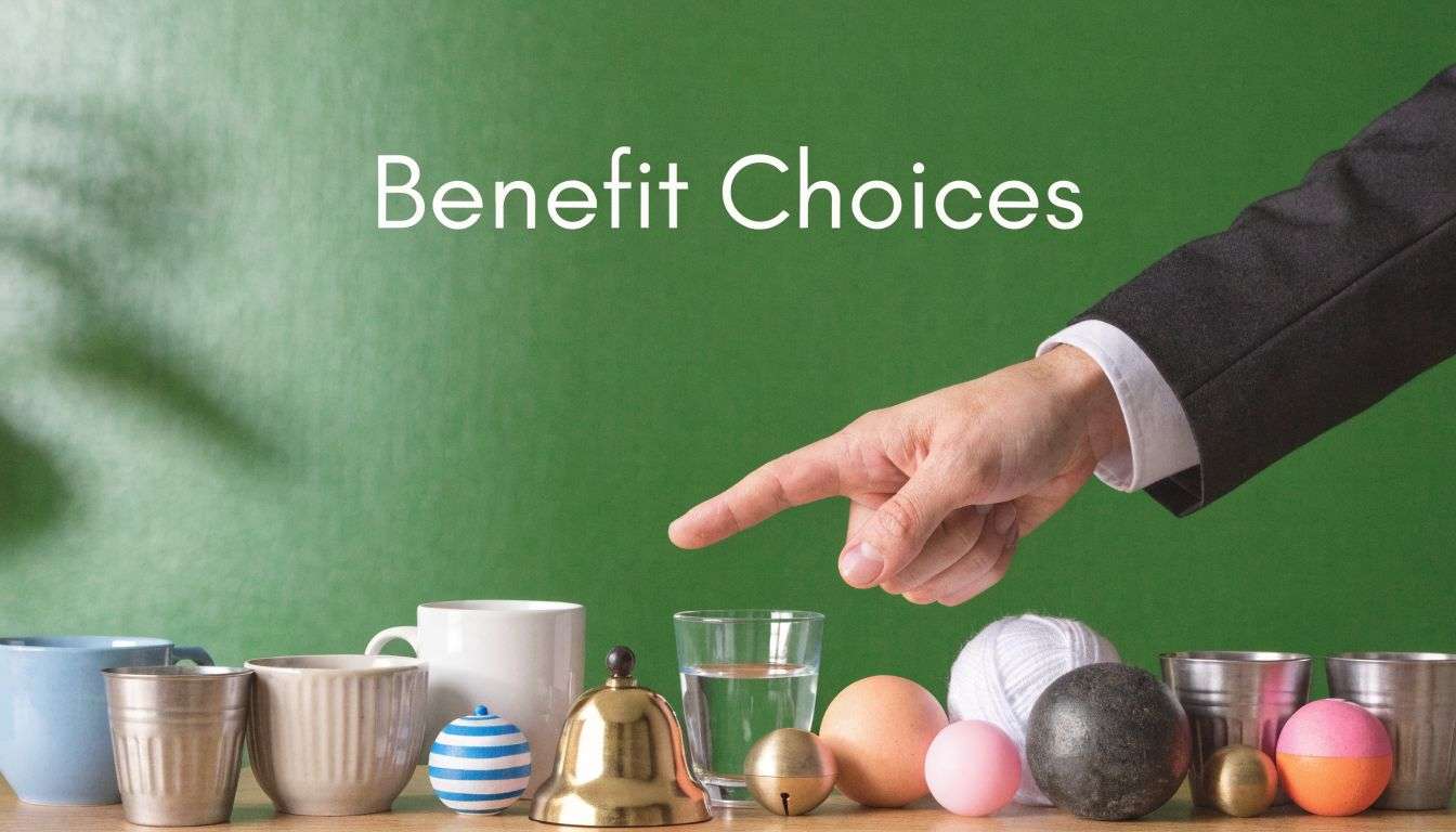 A businessman in a suit pointing his finger towards a collection of various objects on a table.