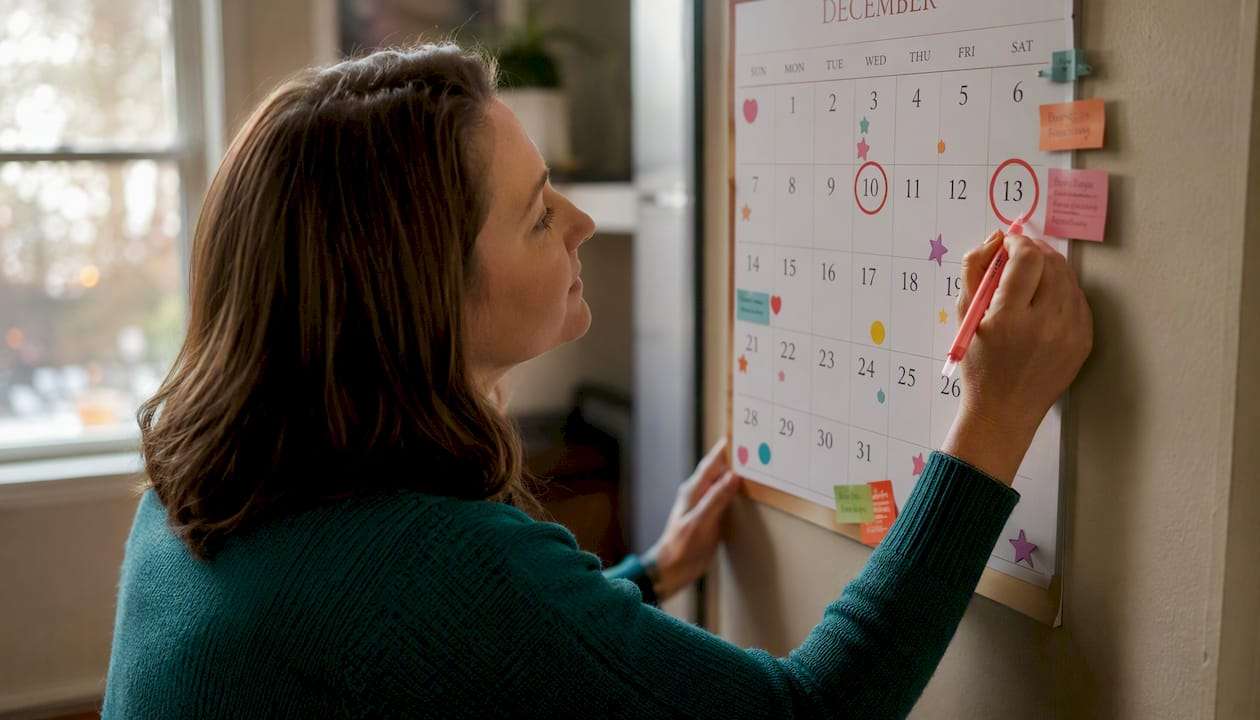 Hand marking calendar for insurance deadlines