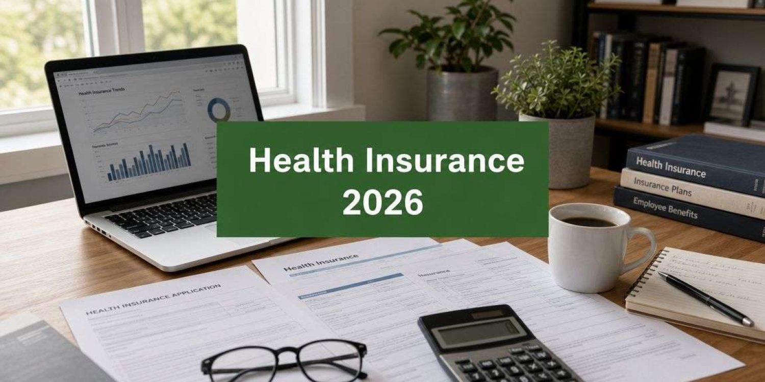 Desk scene for health insurance planning: laptop with charts, forms labeled Health Insurance, calculator, glasses, and coffee.