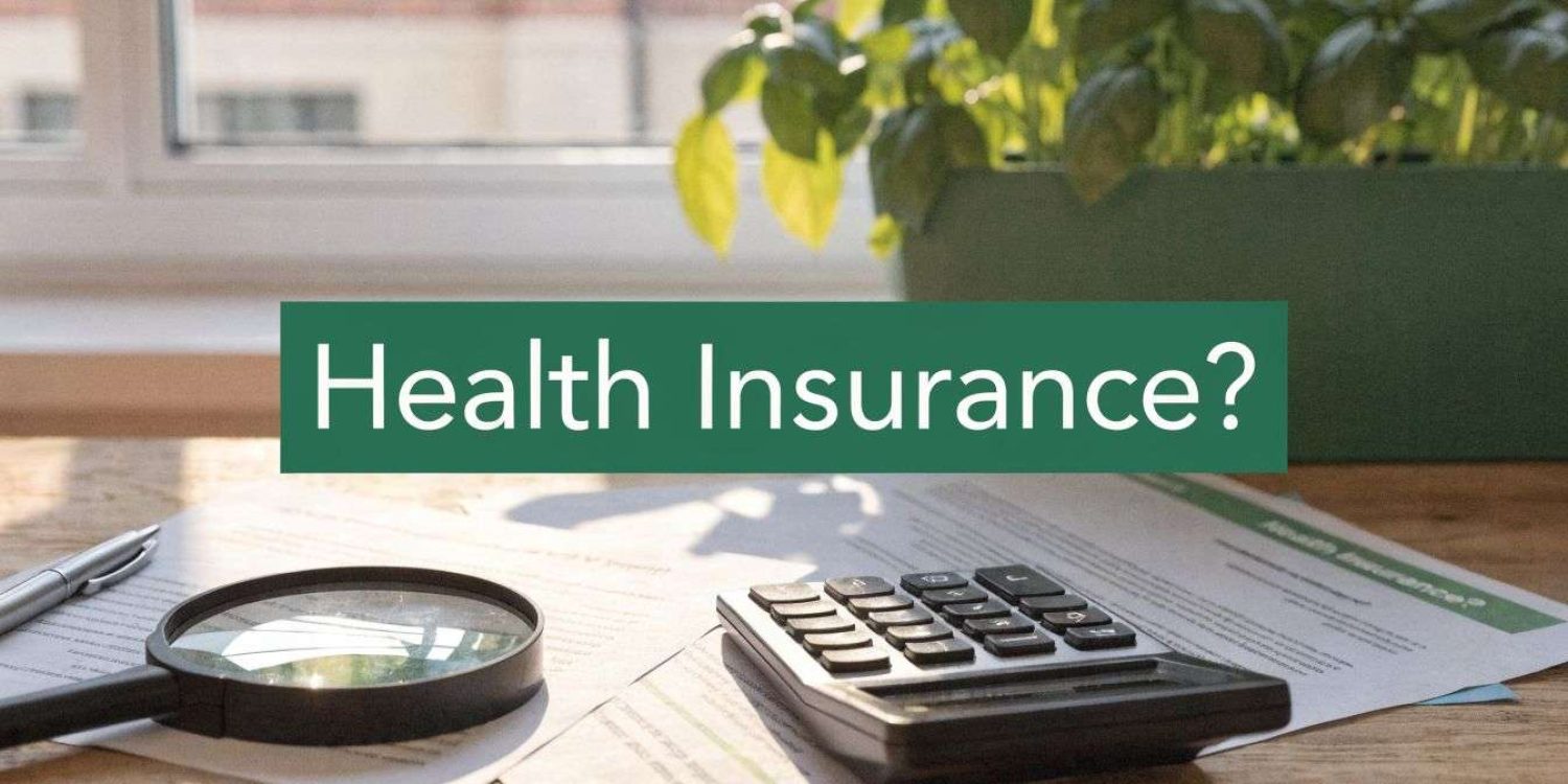 Desk scene with documents, a calculator, and a magnifying glass beneath a teal banner that reads 'Health Insurance?'